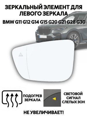 Зеркальный элемент для левого зеркала BMW G11 G12 G14 G15 G20 G21 G28 G30 с подогревом и слепыми зонами