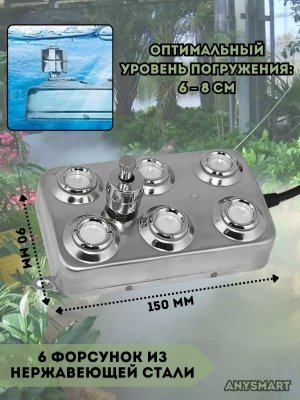 Генератор тумана, увлажнитель воздуха ультразвуковой для пруда, 6 форсунок с блоком питания и поплавками